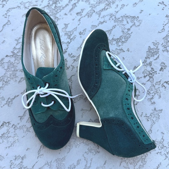 Lola Ramona Women's Green Suede Leather Wingtip Oxford Heel US 7/ EU 37 Shoes - Picture 1 of 9